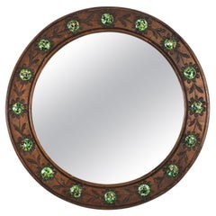Round Wall Mirror in Walnut and Multi Color Enamel Decorations