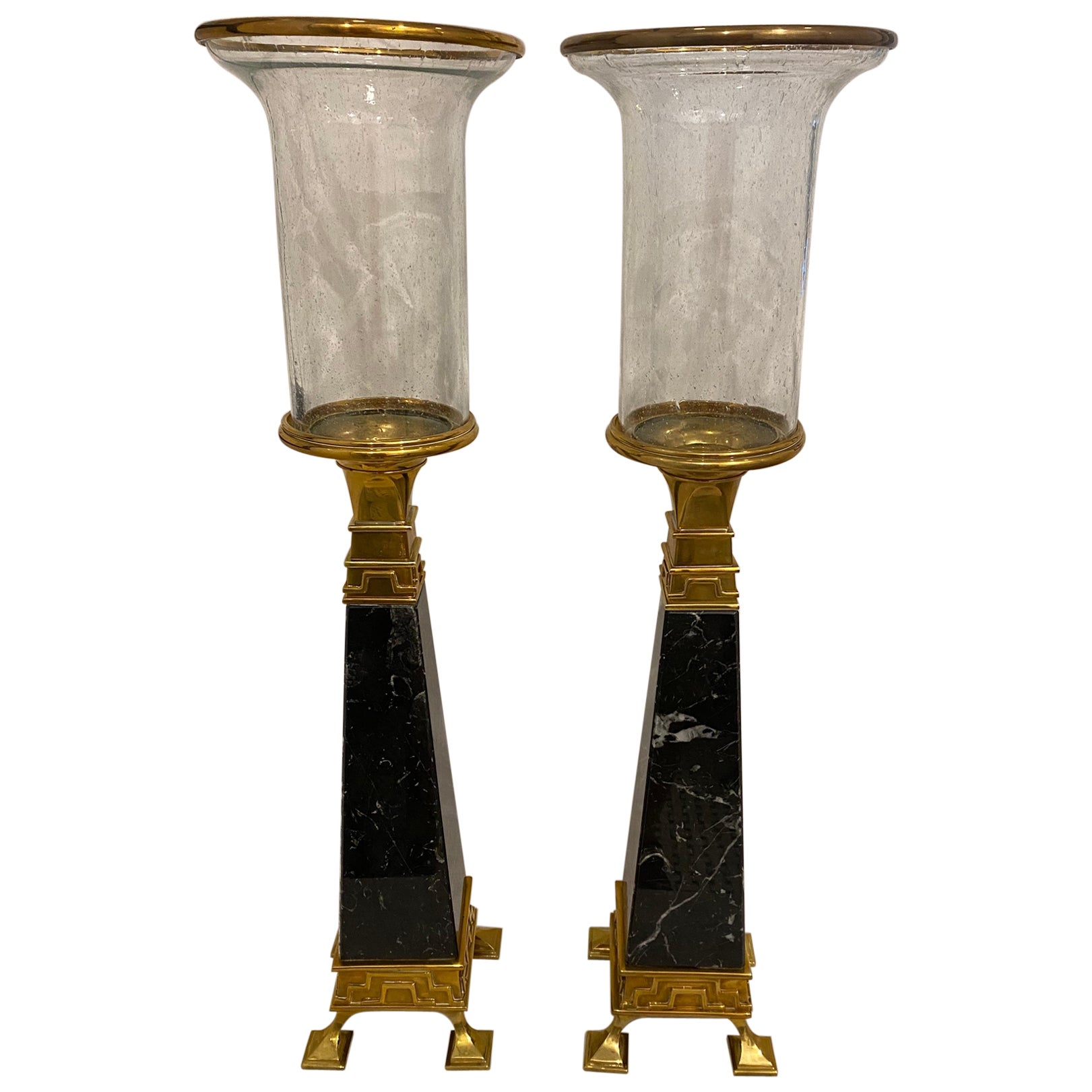 Pair of Chapman Brass and Marble Obelisks For Sale