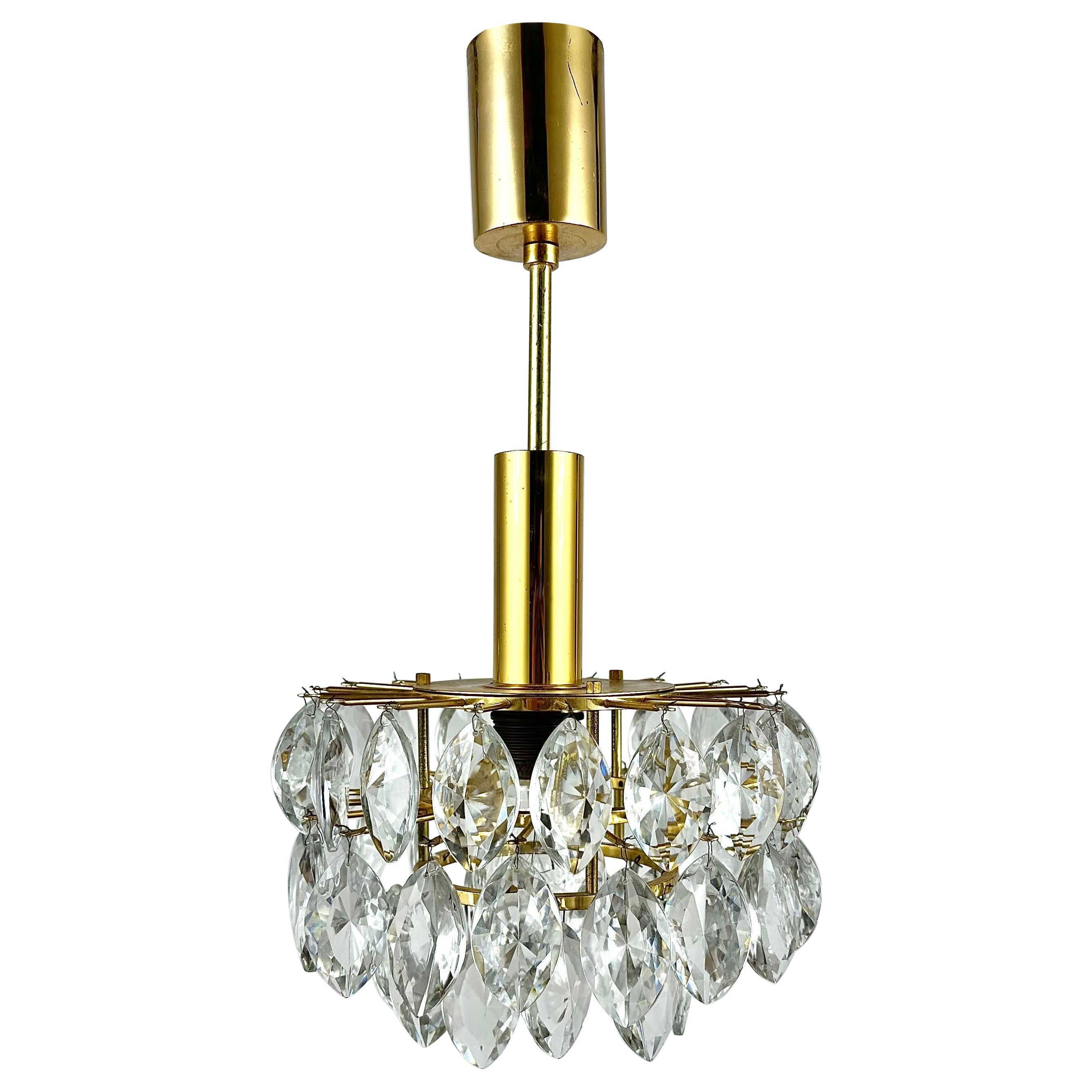 Beautiful Crystal Brass Chandelier Germany 1960s Vintage Pendant Lighting For Sale