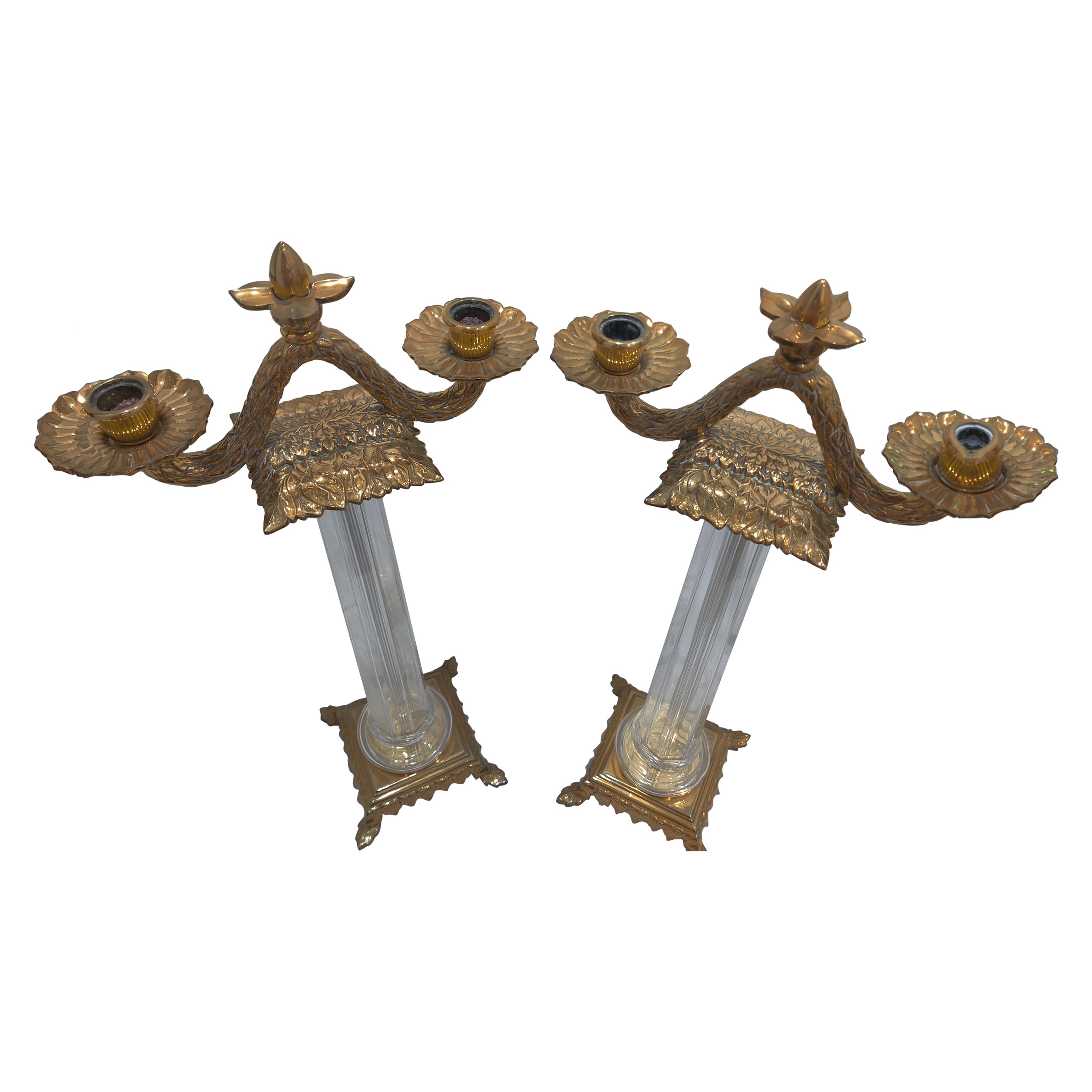 Pair of Chapman Solid Brass and Glass Candelabras