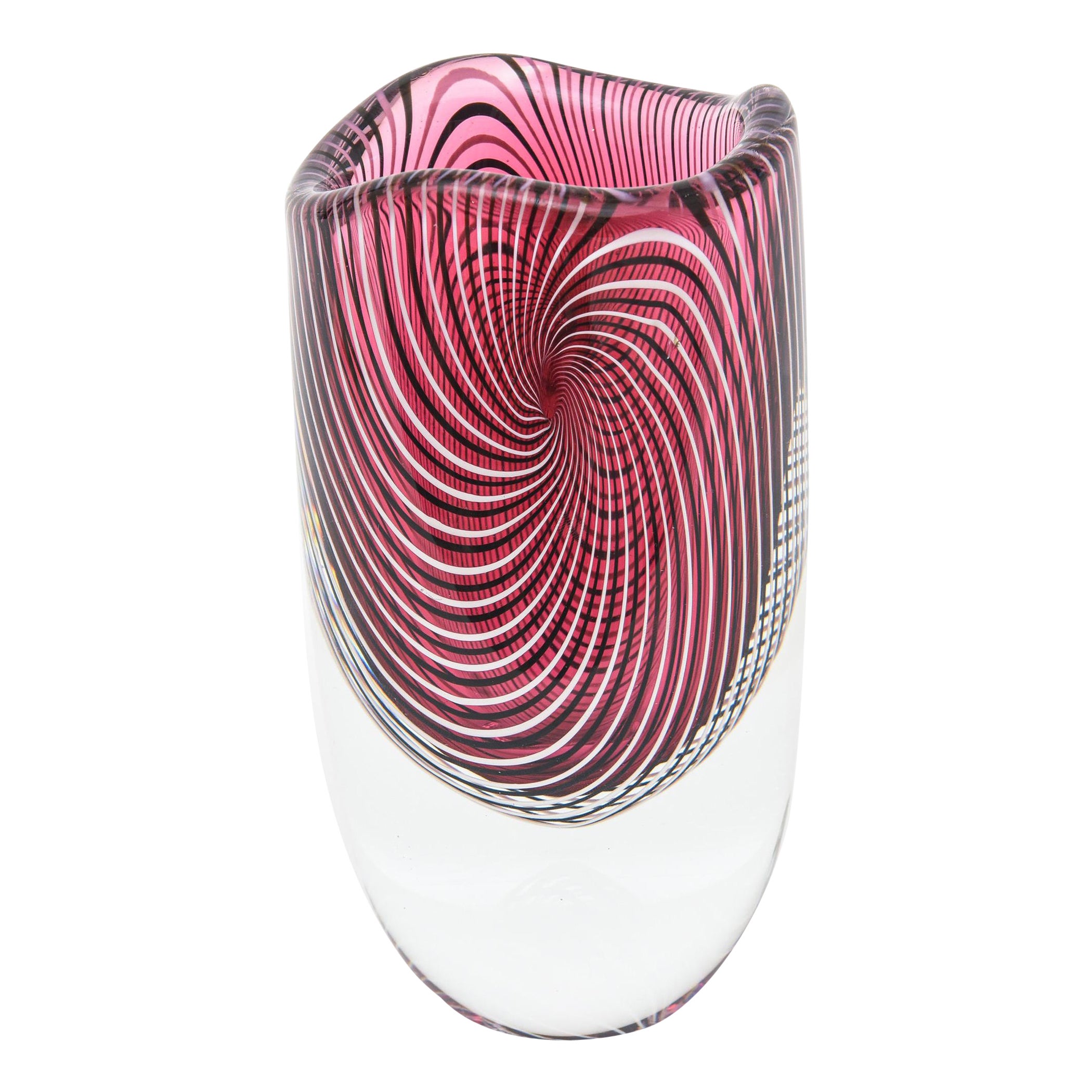 Vintage Murano Seguso Spiral Optic Striped Deep Pink And White Vase or Vessel For Sale