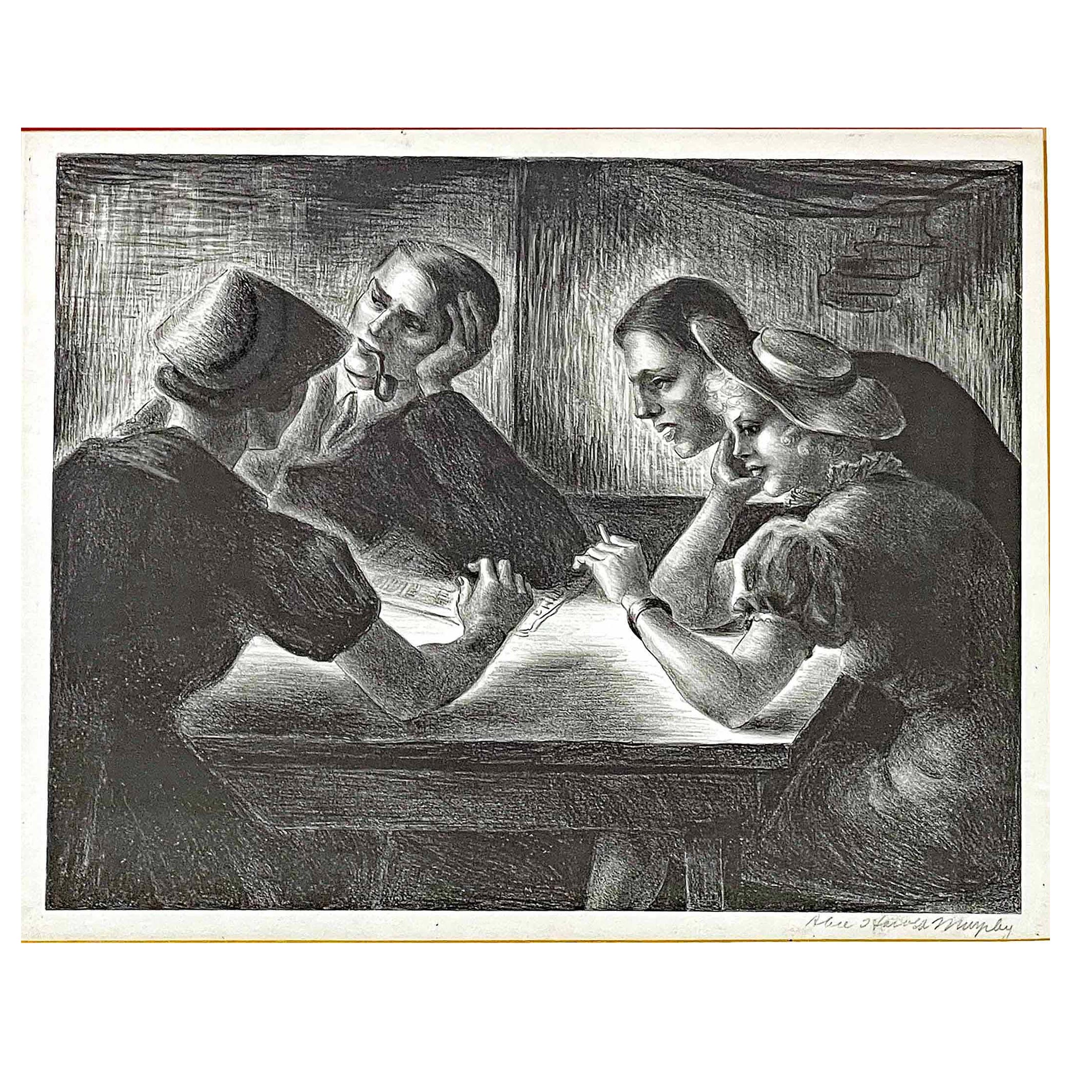„Four at the Table“, amerikanische Szenenlithographie der Künstlerin von Woman Artist, 1940er Jahre im Angebot
