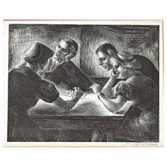 "Four at the Table", 1940s American Scene Lithograph by Woman Artist