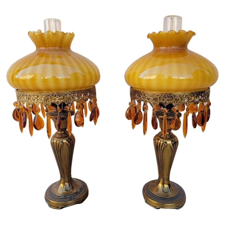 French Boudoir Electric Amber Glass Shade and Brass Base Oil Lamps- Pair For Sale