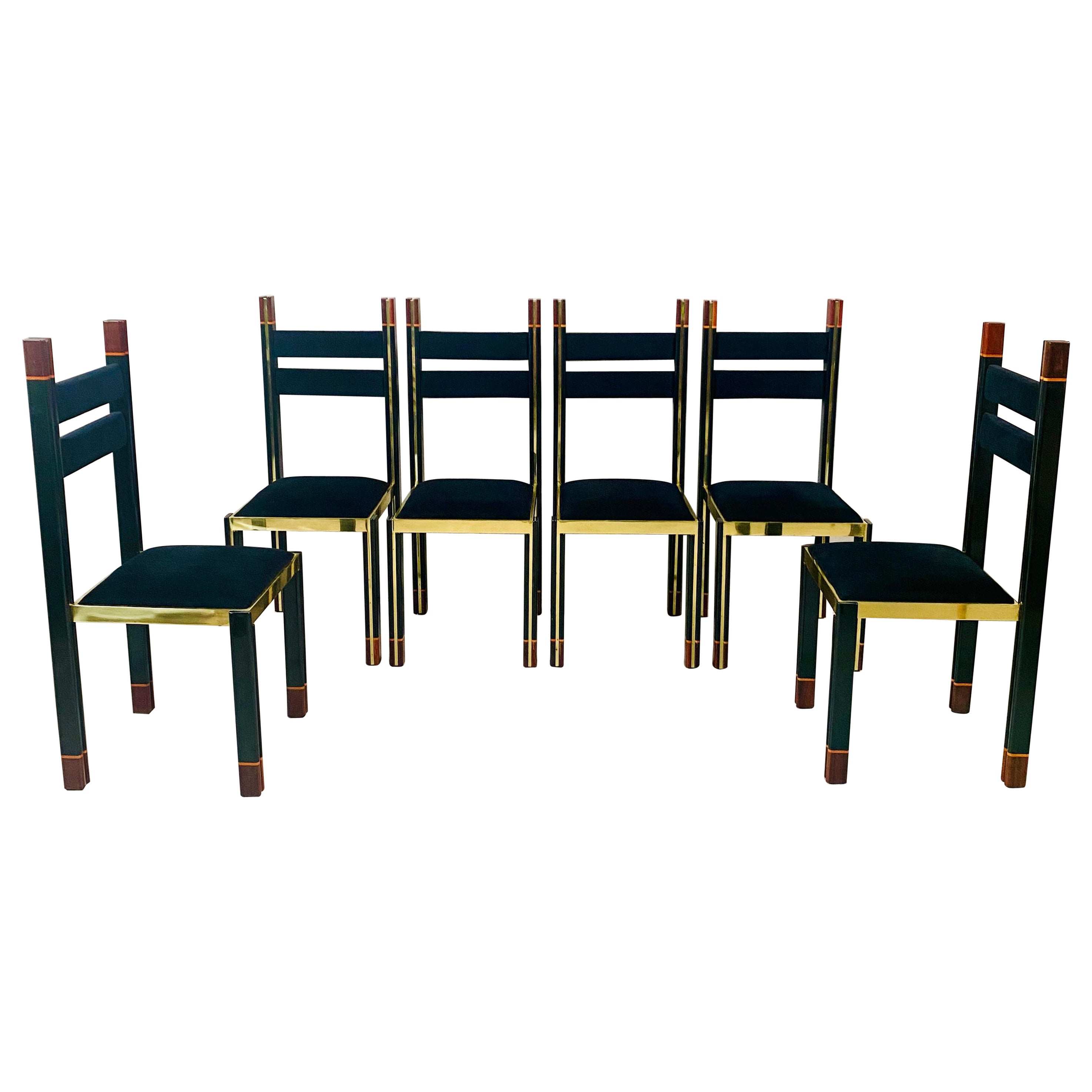 Chaises de salle à manger en laiton et noyer du milieu du siècle par Paolo Barracchia pour Roman Deco, 1978 en vente