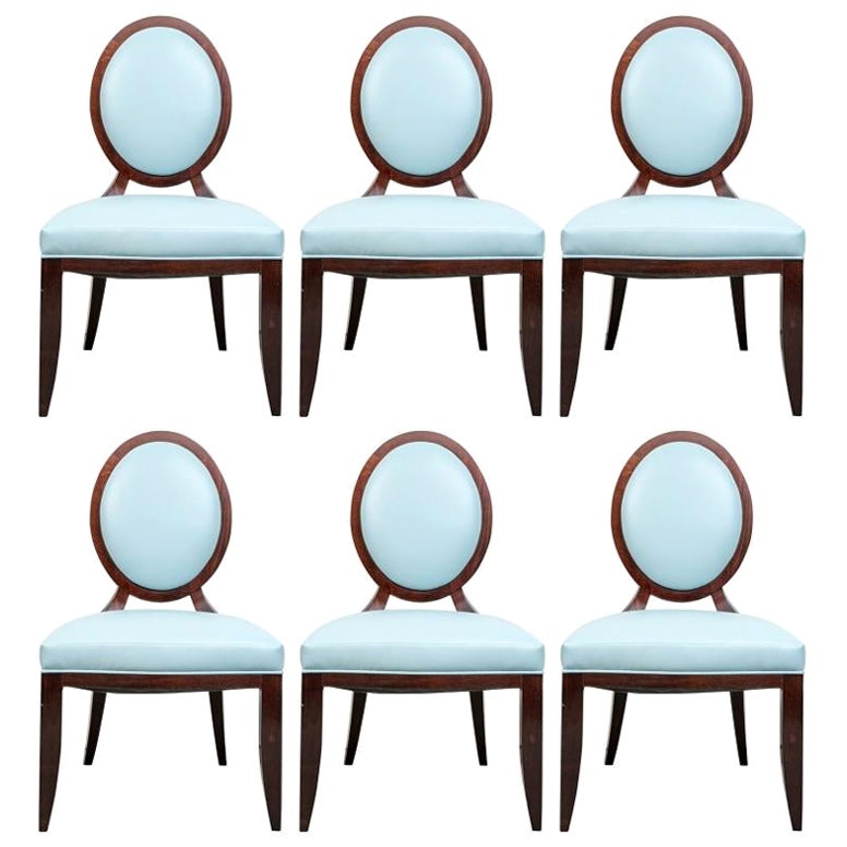 Six Barbara Barry Baker Tiffany Blue Leather Dining Chairs For Sale