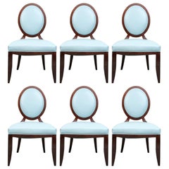 Set Of 6 Blue Faux Leather Barbara Barry For Baker Oval X-Back Dining Chairs