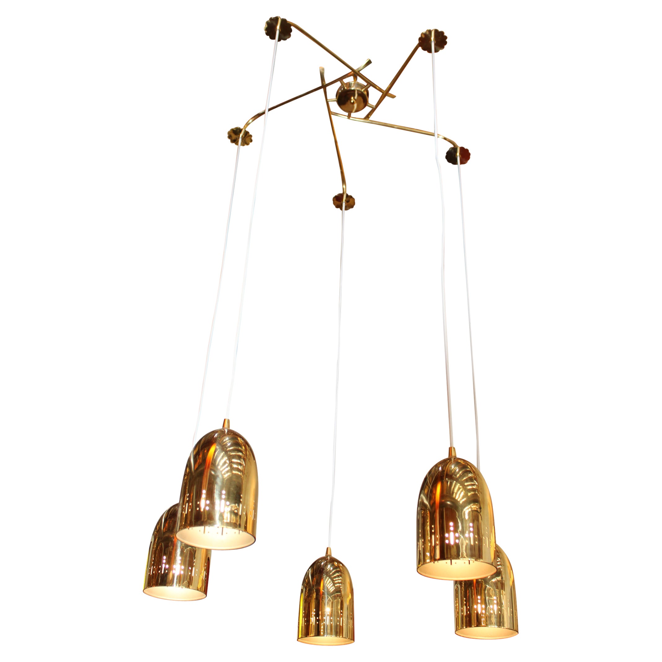 Brass Perforated Chandelier with Five Canisters For Sale