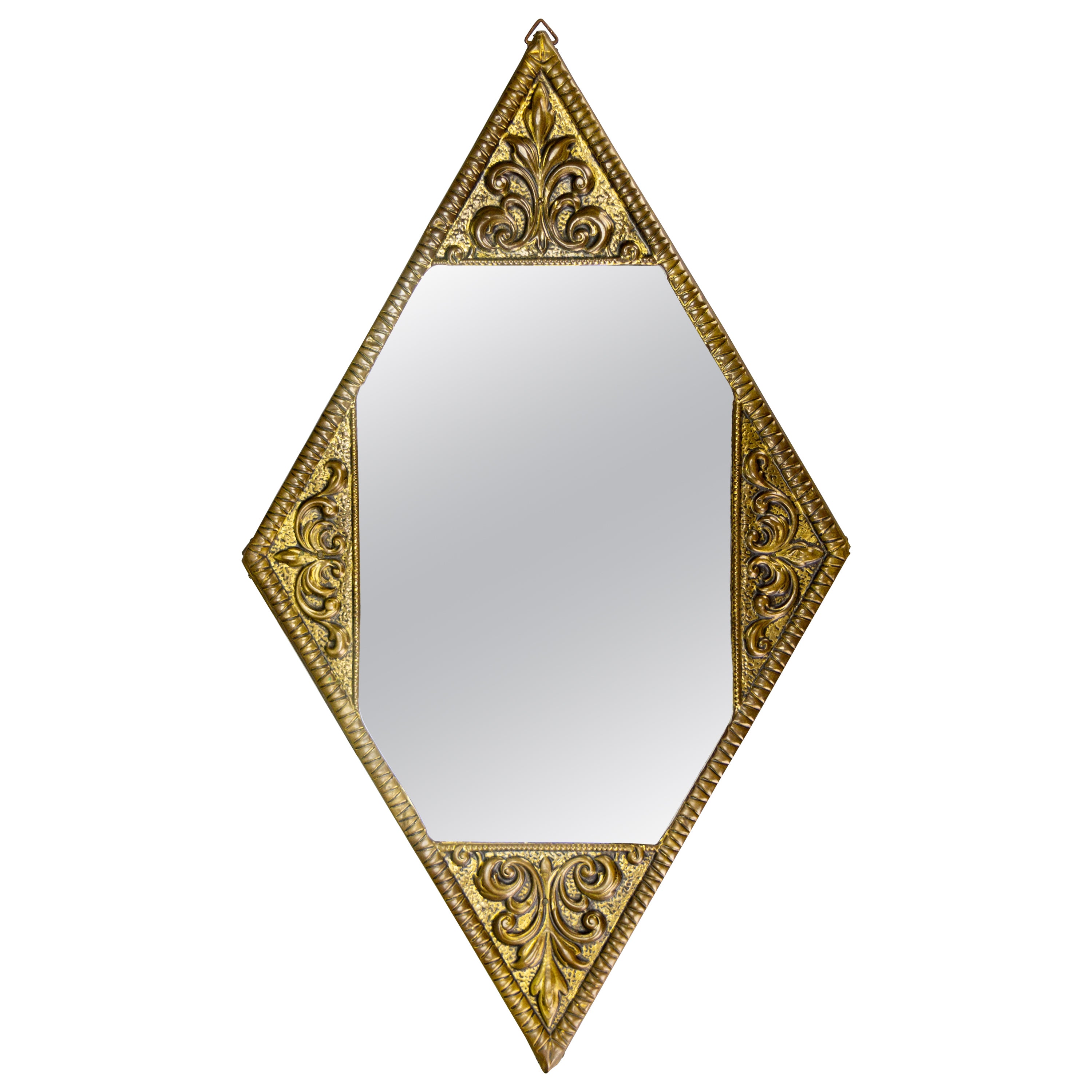 Art Deco Diamond-Shaped Brass Frame Wall Mirror, ca. 1920 For Sale