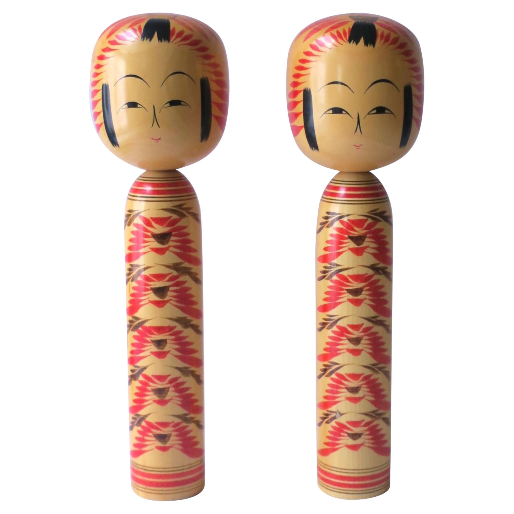 Japanese Kokeshi Wood Dolls, Signed, Pair For Sale