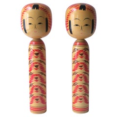 Retro Japanese Kokeshi Wood Dolls, Signed, Pair