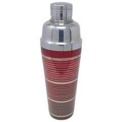 Art Deco Ruby Red Cocktail Shaker With Silver Bands And Chrome Lid