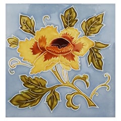 1 of 12 Authentic Glazed Art Nouveau Relief Tiles Yellow Rose, Belga, 1930s