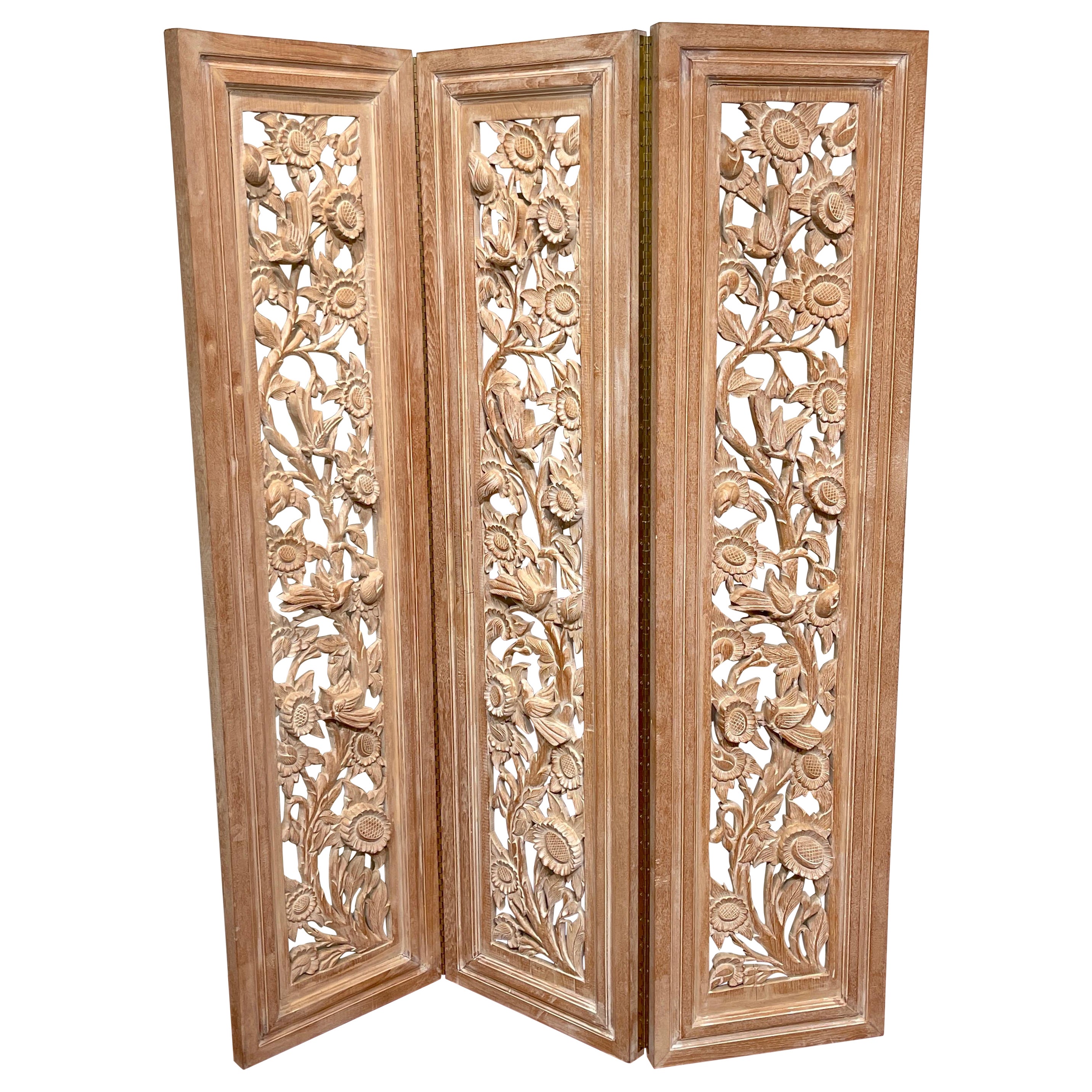 Three-Panel Carved Bleached Hardwood Bird Floral Screen, Style of James Mont  For Sale