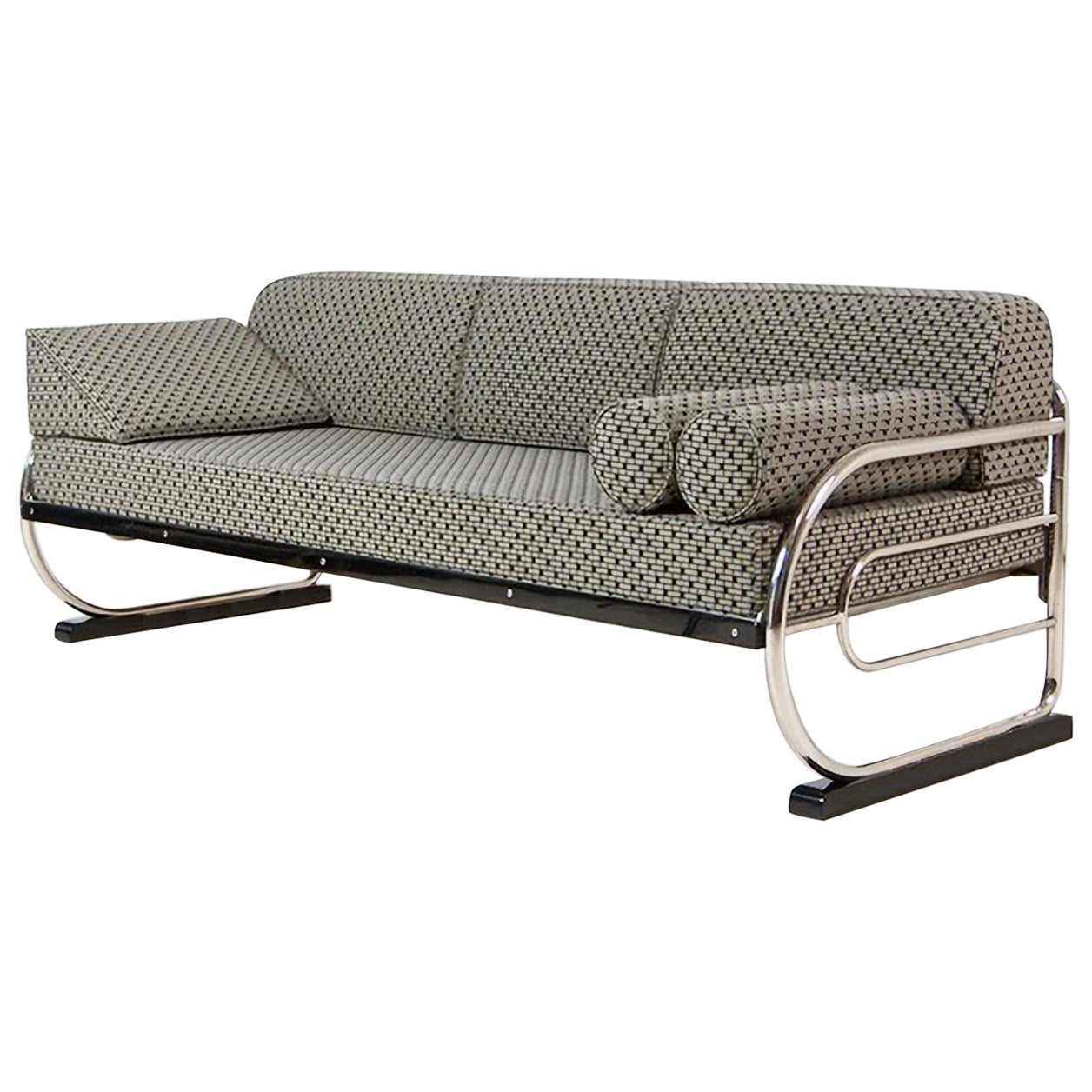 Modernist Tubular Steel Couch/ Daybed, Chromed Metal, Fabric Upholstery, c. 1930