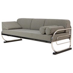 Vintage Modernist Tubular Steel Couch/ Daybed, Chromed Metal, Fabric Upholstery, c. 1930