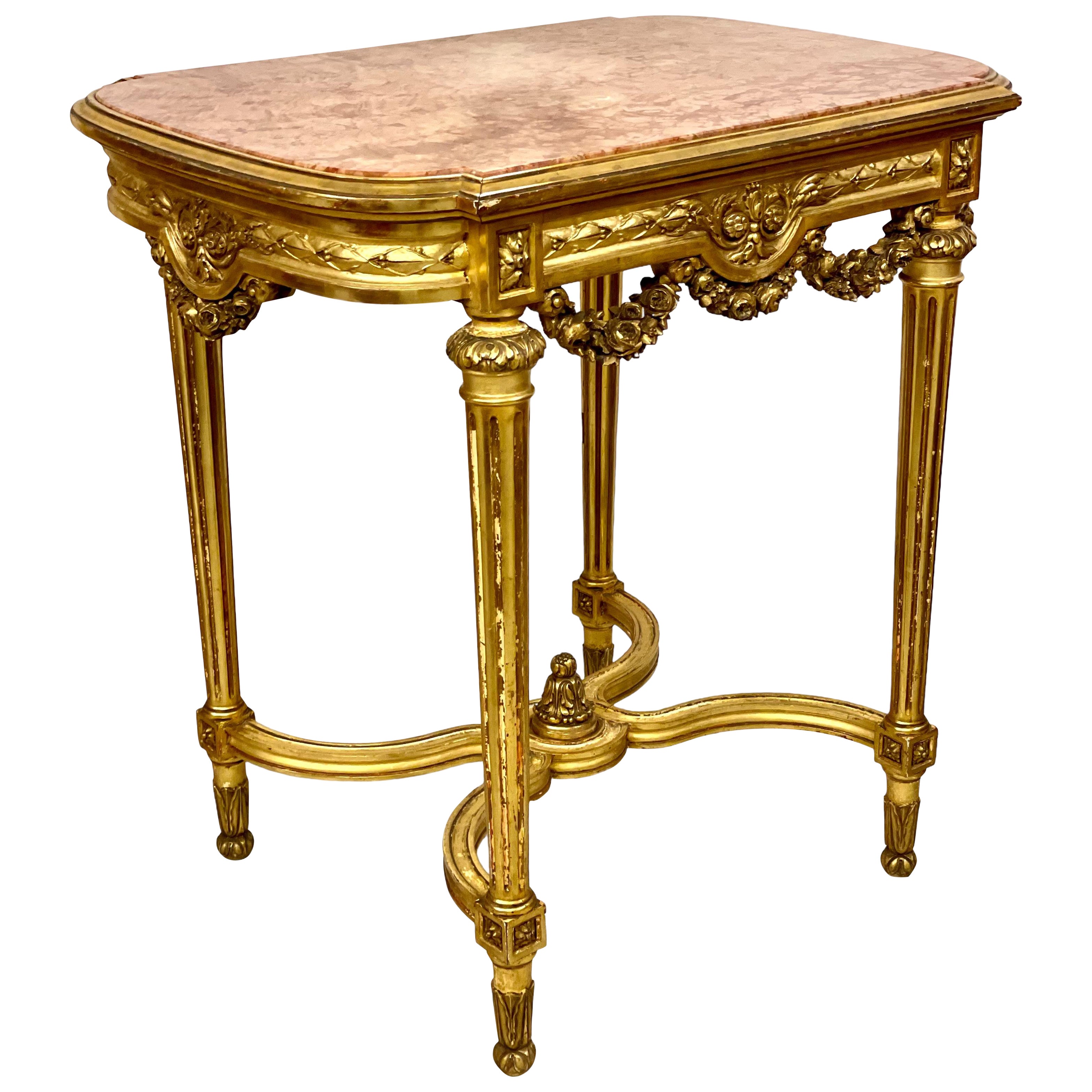 Louis XVI Gilded Center Table with Pink Veined Marble Top
