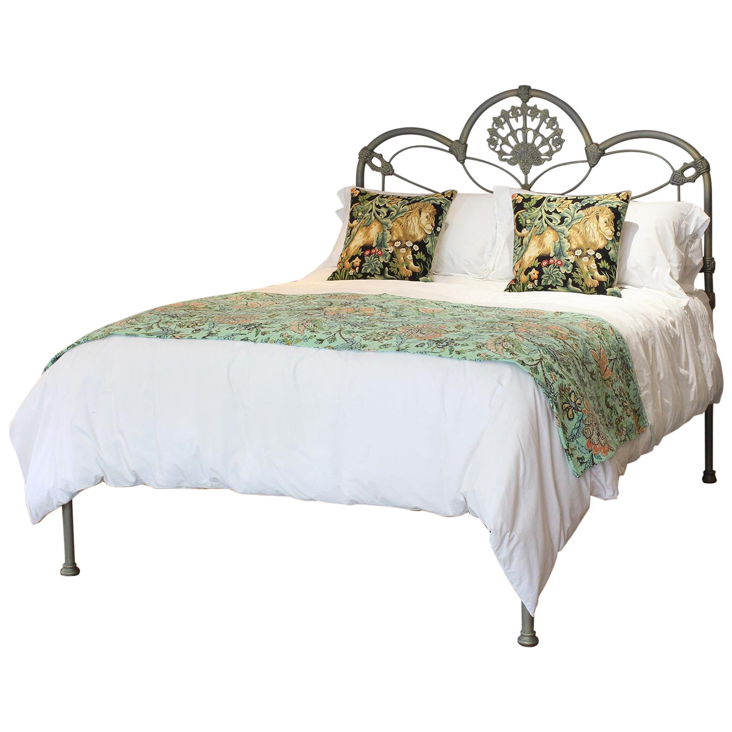 Platform Antique Cast Iron Bed in Grey and Gold, MK286