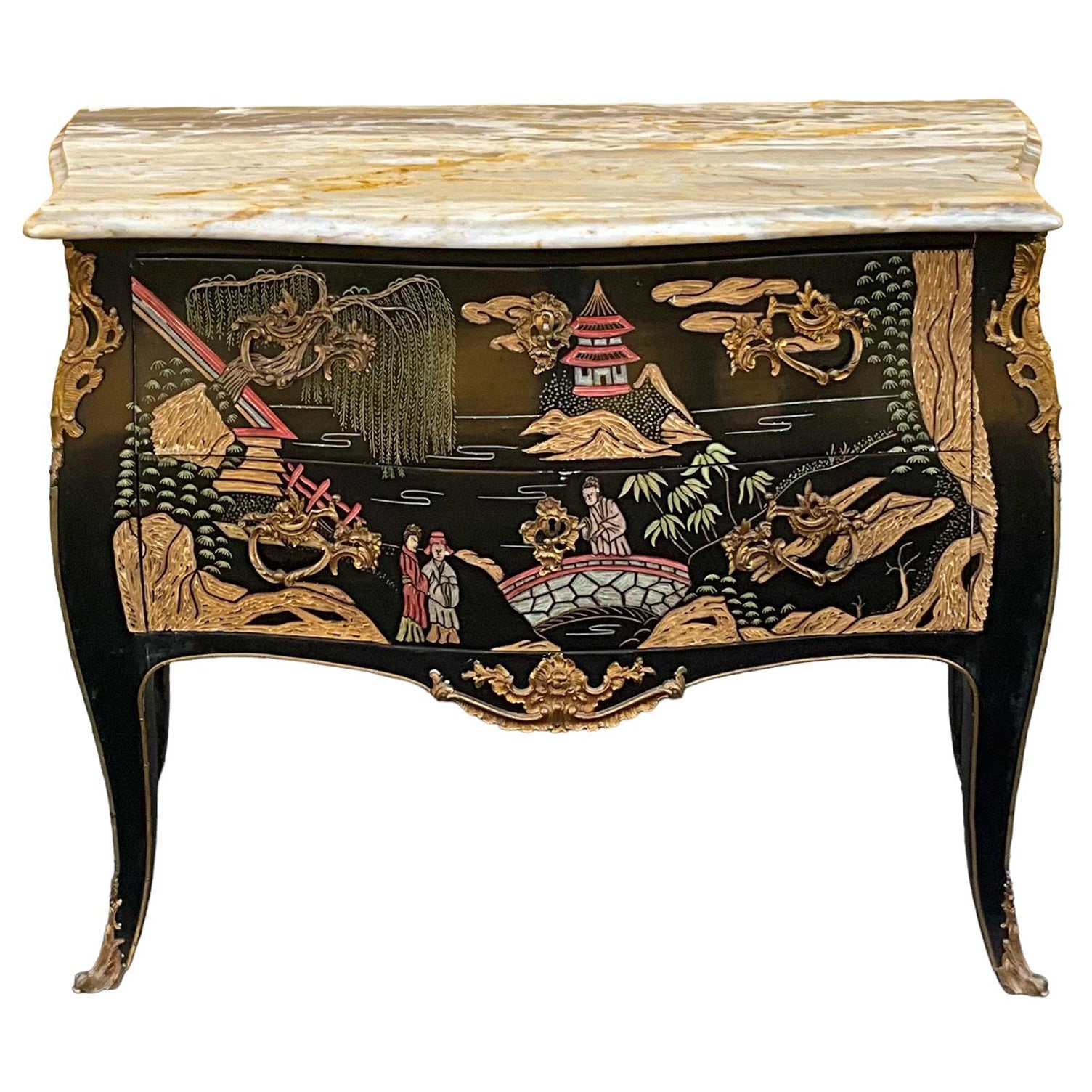 French Louis XV Style Marble Top Chest / Commode - Chinoiserie & Bronze  