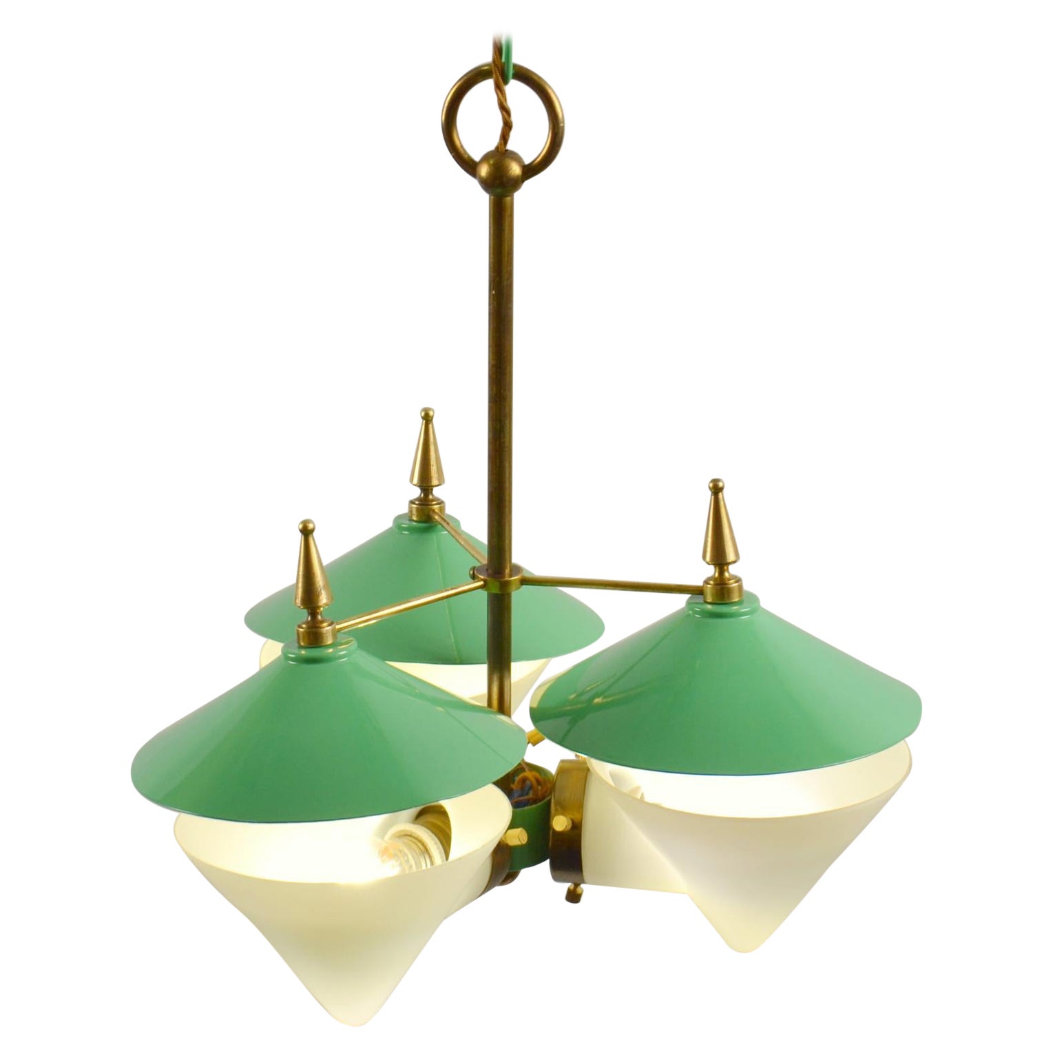 Three Arm Chandelier Green Metal, Opaline Glass Cones and Brass, Arlus 1950's  For Sale