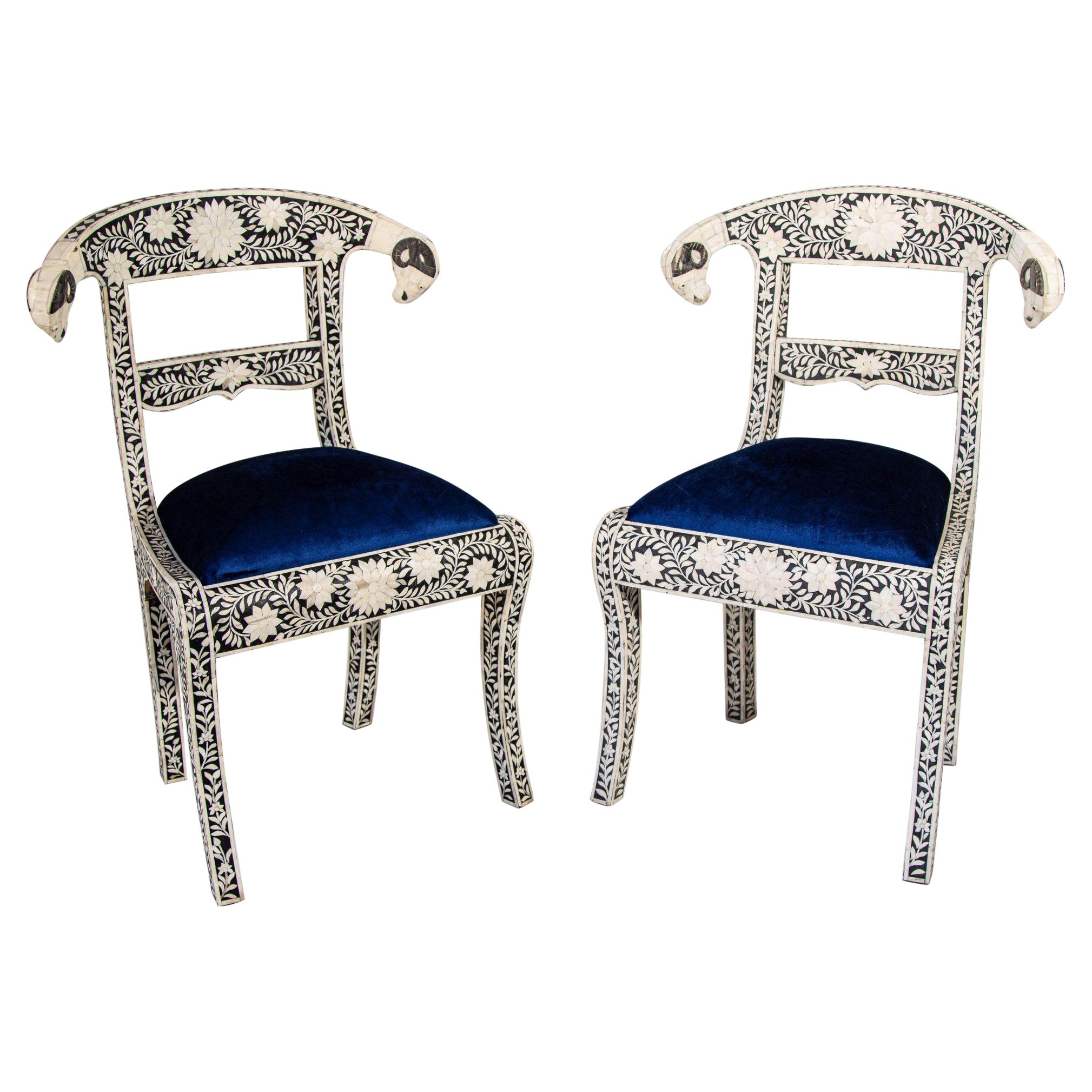 Antique Anglo-Indian Side Chairs with Ram's Head Bone Inlay Royal Blue Seat Pair For Sale
