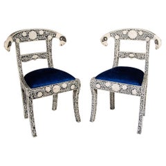 Retro Anglo-Indian Side Chairs with Ram's Head Bone Inlay Royal Blue Seat Pair