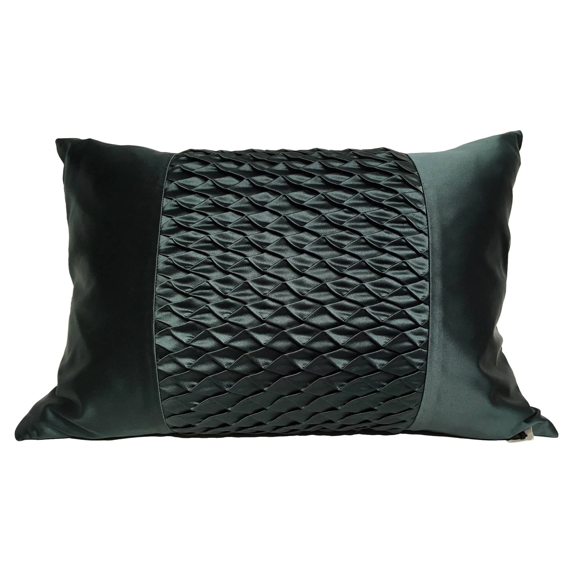 Silk Satin Cushion Pleated Centre Stripe Detail Color Dark Emerald Green For Sale