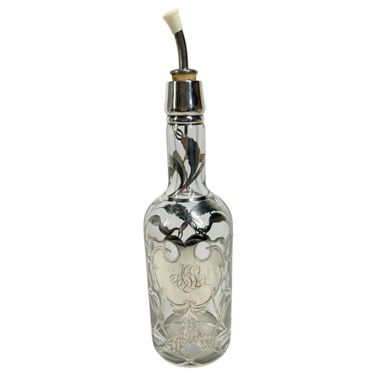Art Nouveau Silver Overlay "Wheat Head" Whiskey Back Bar Bottle or Decanter For Sale