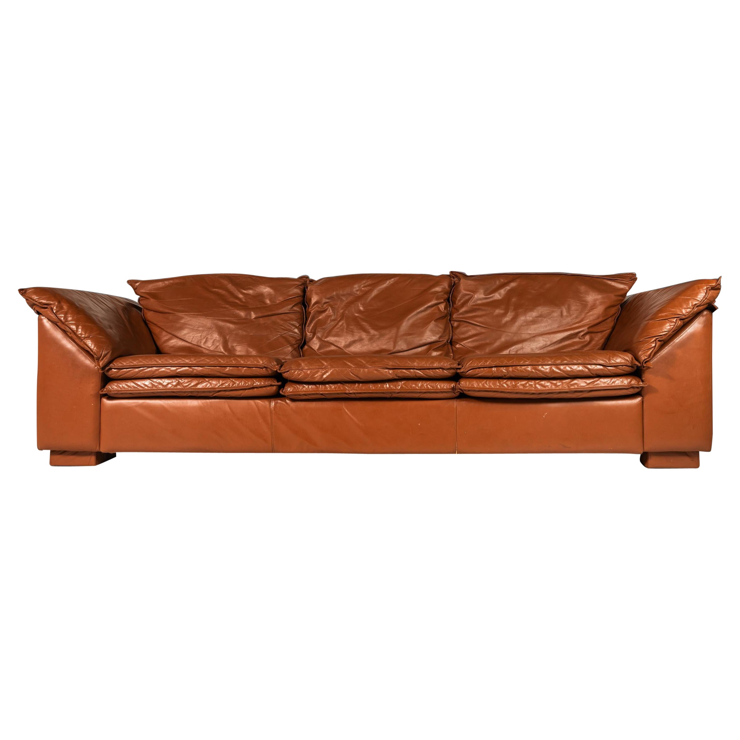Low Profile Sofa in Cognac Brown Leather in the Manner of Niels Eilersen, 1980's For Sale