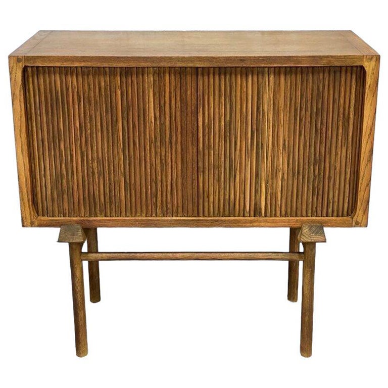 Vintage Mid Century Modern Solid Oak Record Cabinet or Credenza Tambour Doors For Sale