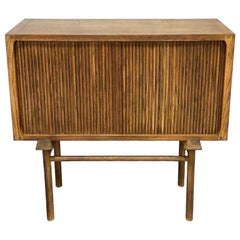 Vintage Mid Century Modern Solid Oak Record Cabinet or Credenza Tambour Doors