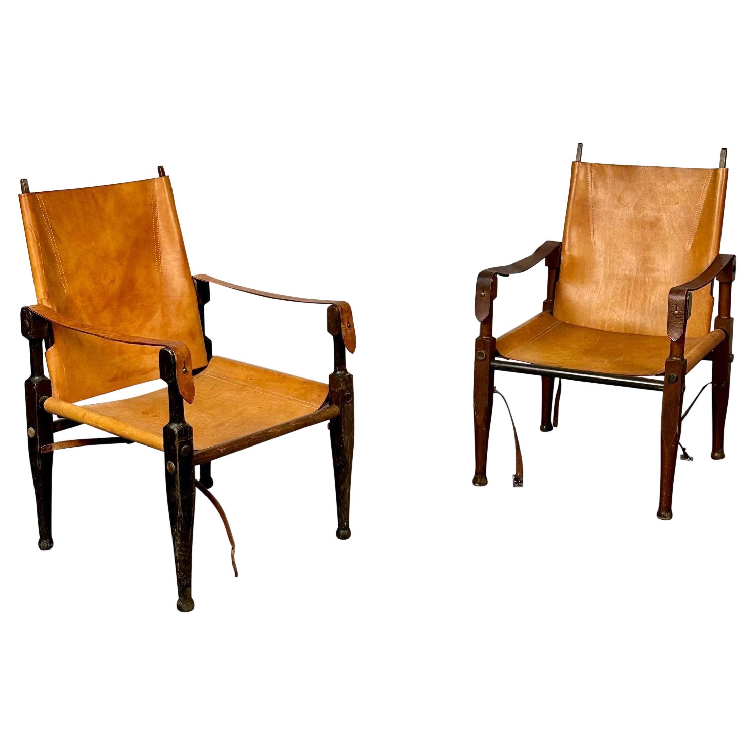 Kaare Klint, Danish Mid-Century Modern, Safari Lounge Chairs, Tan Leather, 1940s For Sale