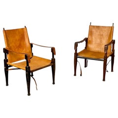 Retro Kaare Klint, Danish Mid-Century Modern, Safari Lounge Chairs, Tan Leather, 1940s