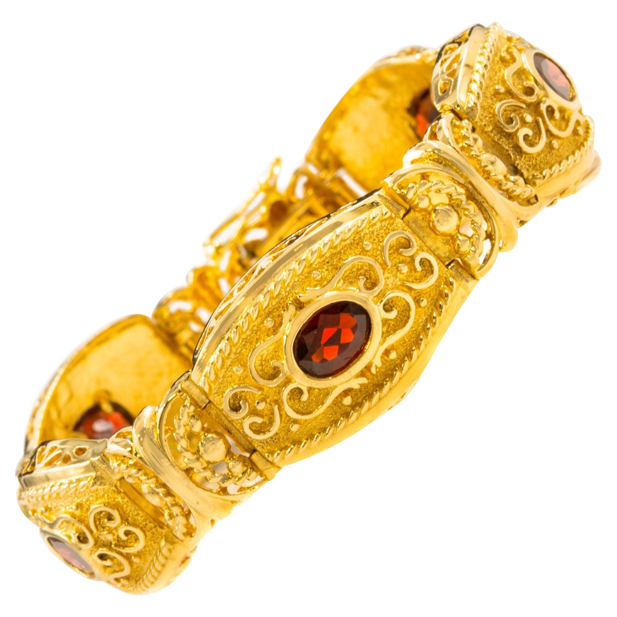 Vintage Etruscan Revival Style 14k Yellow Gold and Garnet Bracelet For Sale