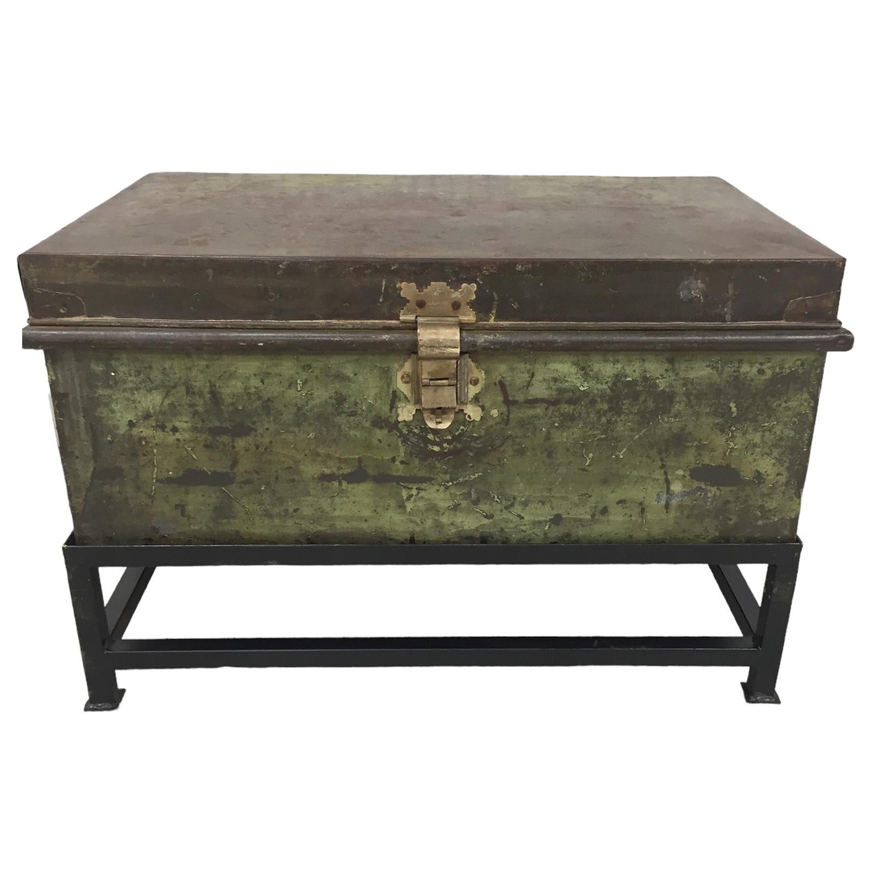 Antique English Military Metal Trunk on Stand For Sale