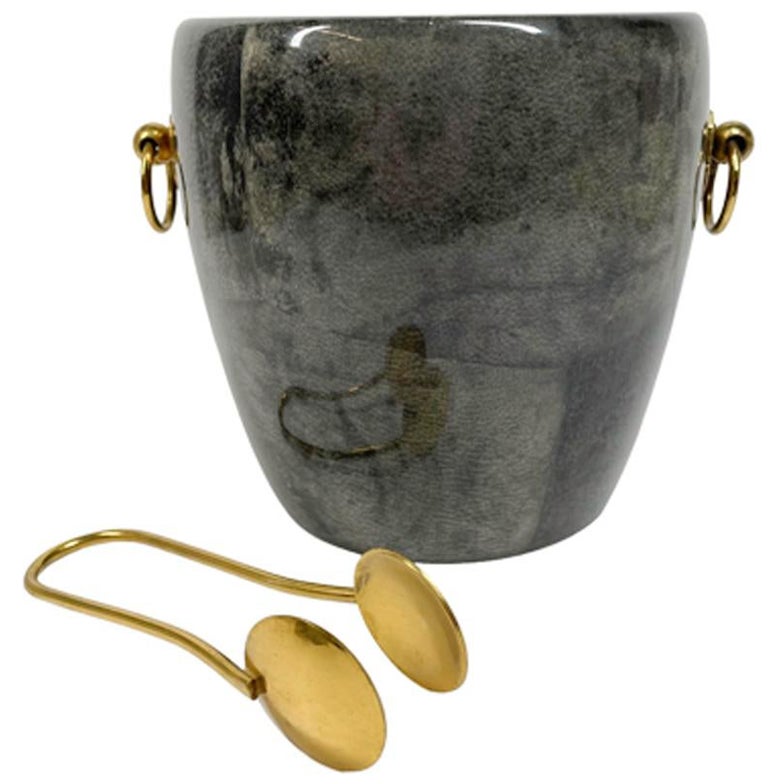 Mid-Century Lacquered Parchment Aldo Tura Ice Bucket w/Gilt Ring Handles & Tongs For Sale