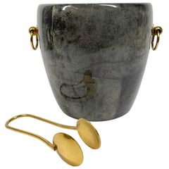 Mid-Century Lacquered Parchment Aldo Tura Ice Bucket w/Gilt Ring Handles & Tongs