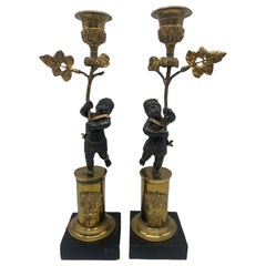 Pair of Early 19th Century French Bronze Marble Ormolu Guilt Candelabras
