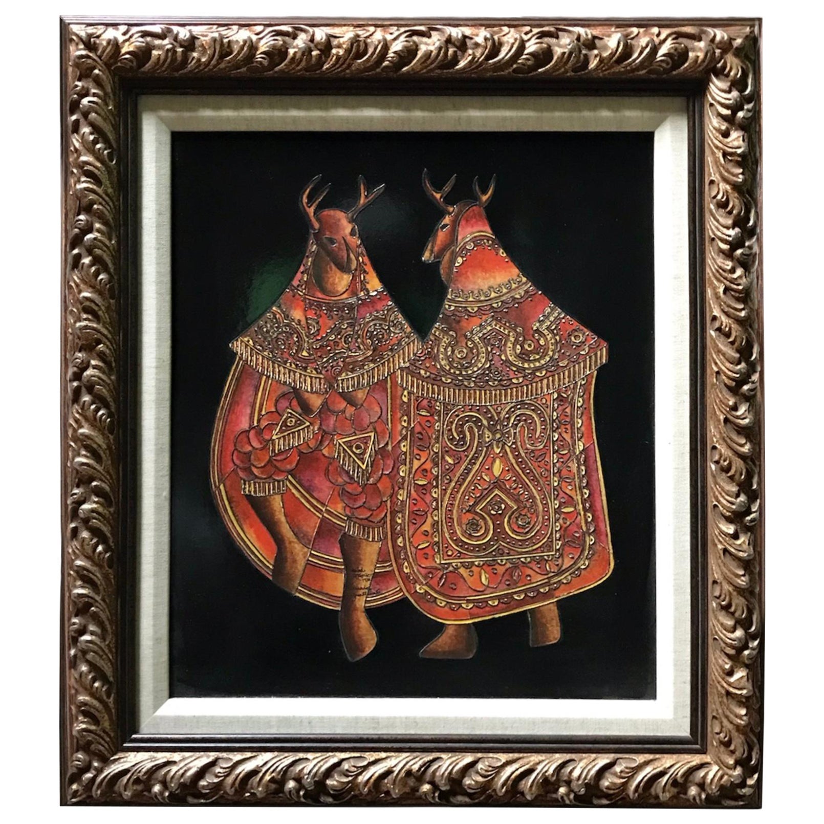 David Ordoñez El Baile Del Venado Folkloric Maya Theme Framed Artwork Guatemala For Sale