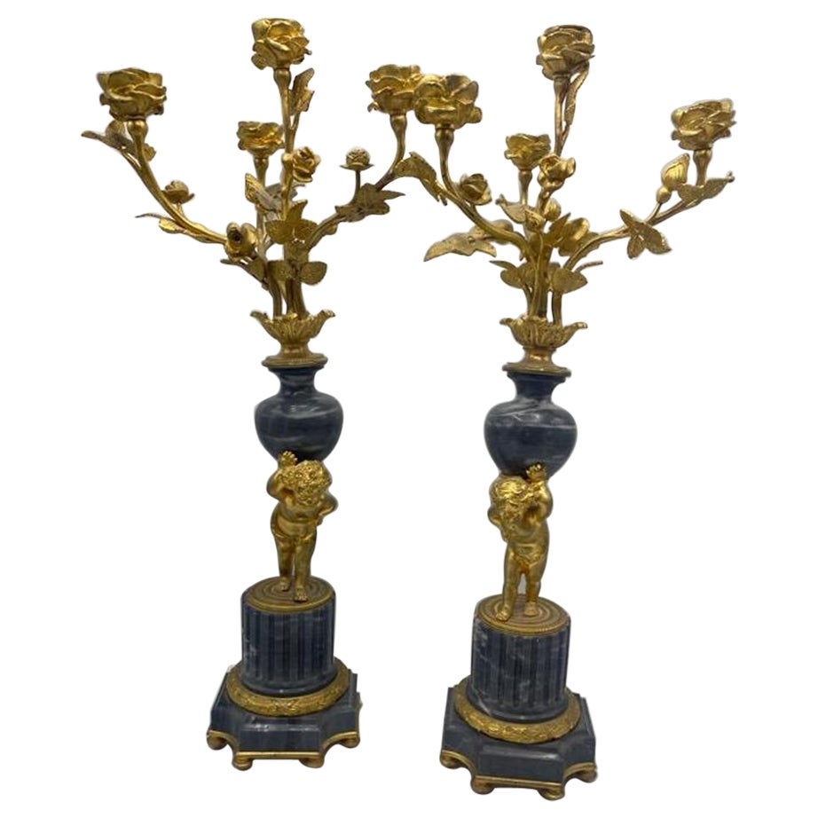 Pair of 19th Century French Bronze Ormolu and Marble Tall Candelabras For Sale