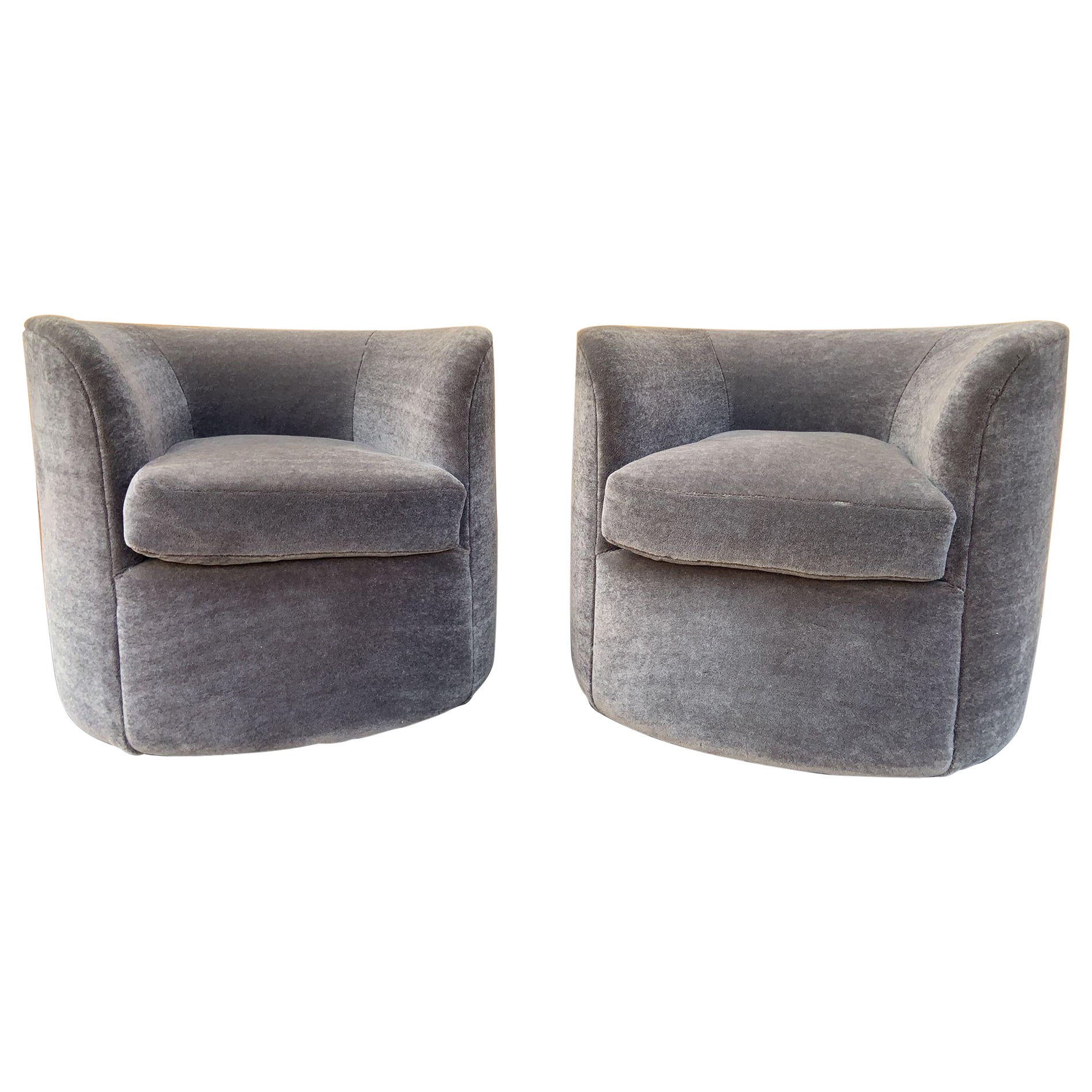 Luxurious Mid Century Faudet-Harrison Swivel Tub Chairs - Newly Upholstered Pair For Sale