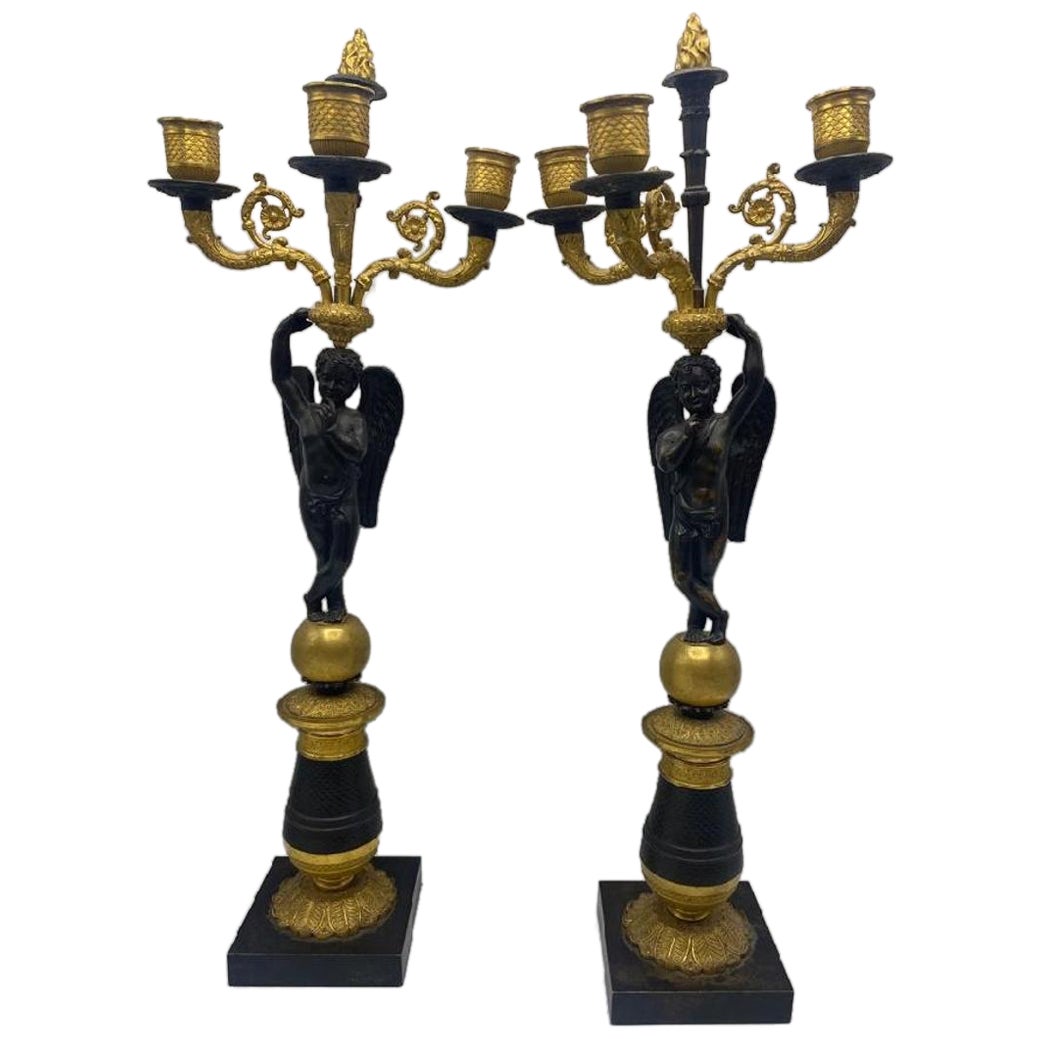 Paar hohe französische Empire-Kandelaber aus Goldbronze und Bronze aus dem frühen 19. Jahrhundert im Angebot