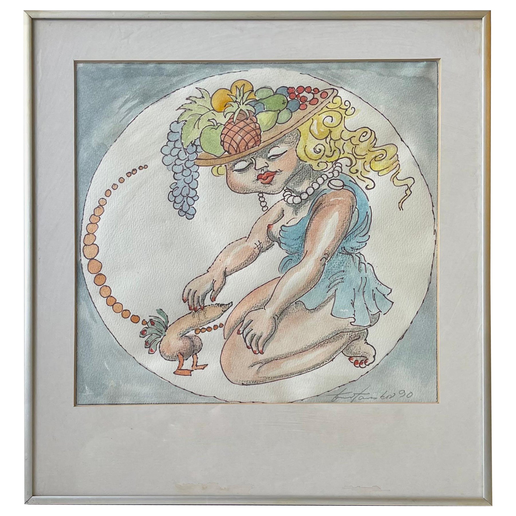 Pet Penis - Surreal Watercolor by Unknown Danish Artist, 1990 For Sale