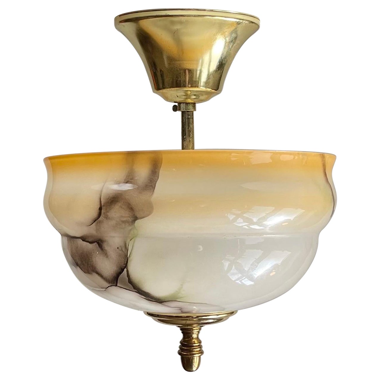 Scandinavian Functionalist Ceiling Lamp in Marbled Opaline Glass & Brass 