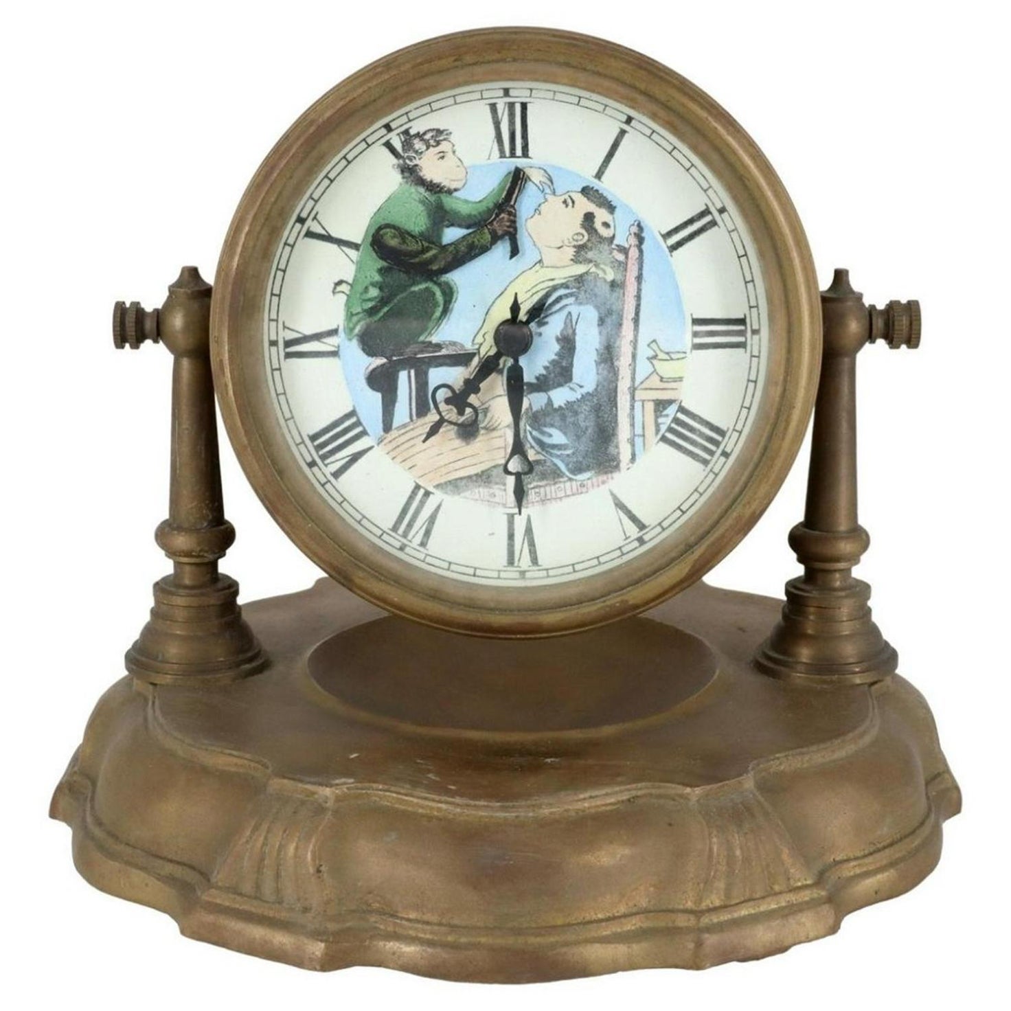 Antique Monkey Barber Animated Brass-Cased Novelty Clock  For Sale