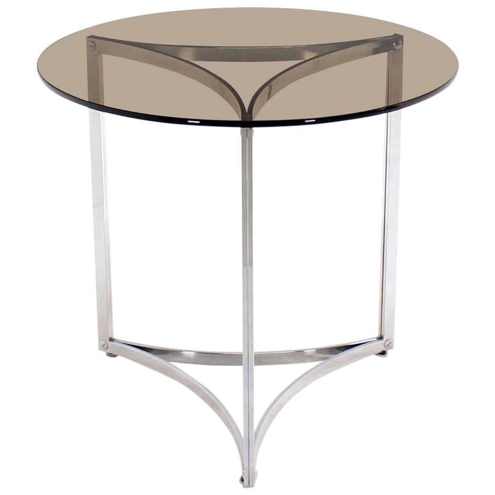 Triangular Bent Chrome Ribbon Base Smoked Glass Top Dinette Dining Game Table For Sale