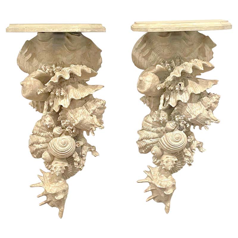 Pair of 19th C. Italian Grotto Carved Giltwood Putti and Shell Wall ...