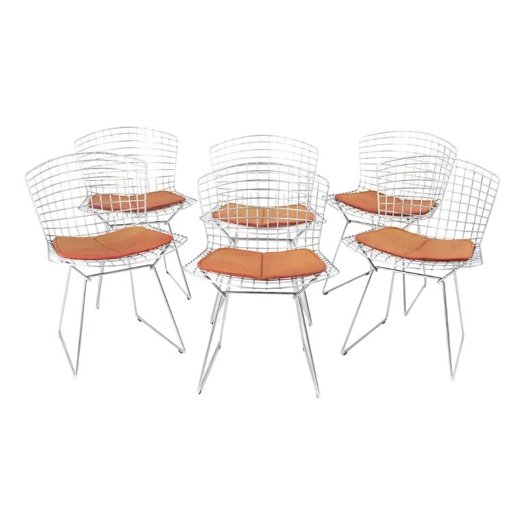 2000s Set of Six Harry Bertoia for Knoll Chrome Wire Dining / Side Chairs For Sale