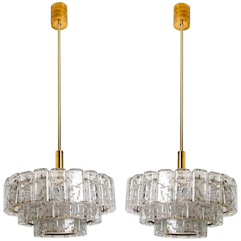1 of the 2 Cylindrical 3 Tier Ice Glass Chandelier by Doria,  1960s For Sale