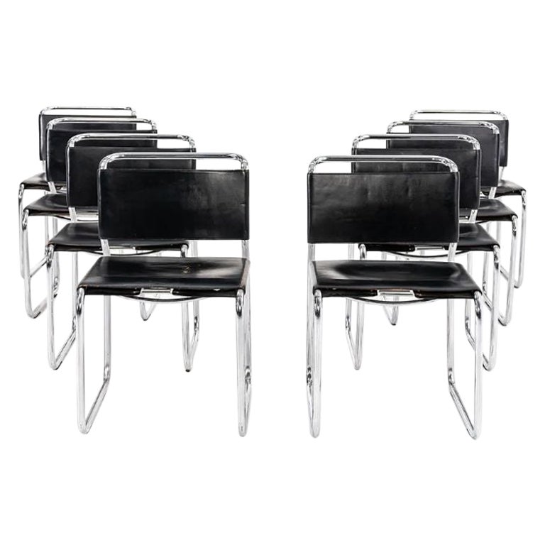 1974 Ensemble de 8 chaises de salle à manger en cuir noir Nicos Zographos CH66 cantilever